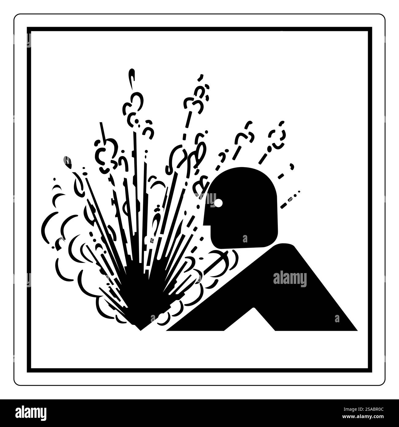 Questo grafico mostra la silhouette di una persona accanto a un'esplosione, che simboleggia l'azione e il pericolo. L'audace design in bianco e nero è accattivante e moderno, perfetto per la narrazione visiva. Illustrazione Vettoriale