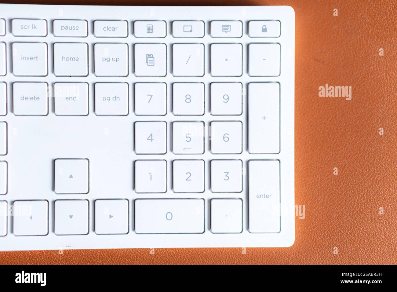 Vista ravvicinata di una tastiera bianca per computer con tastierino numerico su una superficie marrone. Foto Stock