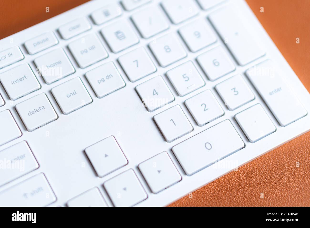 Vista ravvicinata di una tastiera bianca per computer con tastierino numerico su una superficie marrone. Foto Stock