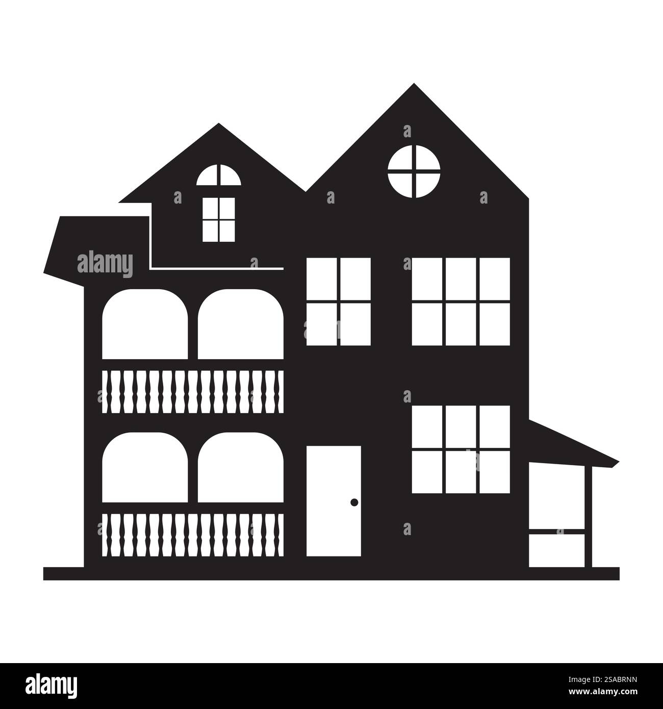 Elegante silhouette di una casa vintage con eleganti dettagli architettonici, ideale per l'arredamento della casa o per progetti creativi. Illustrazione Vettoriale