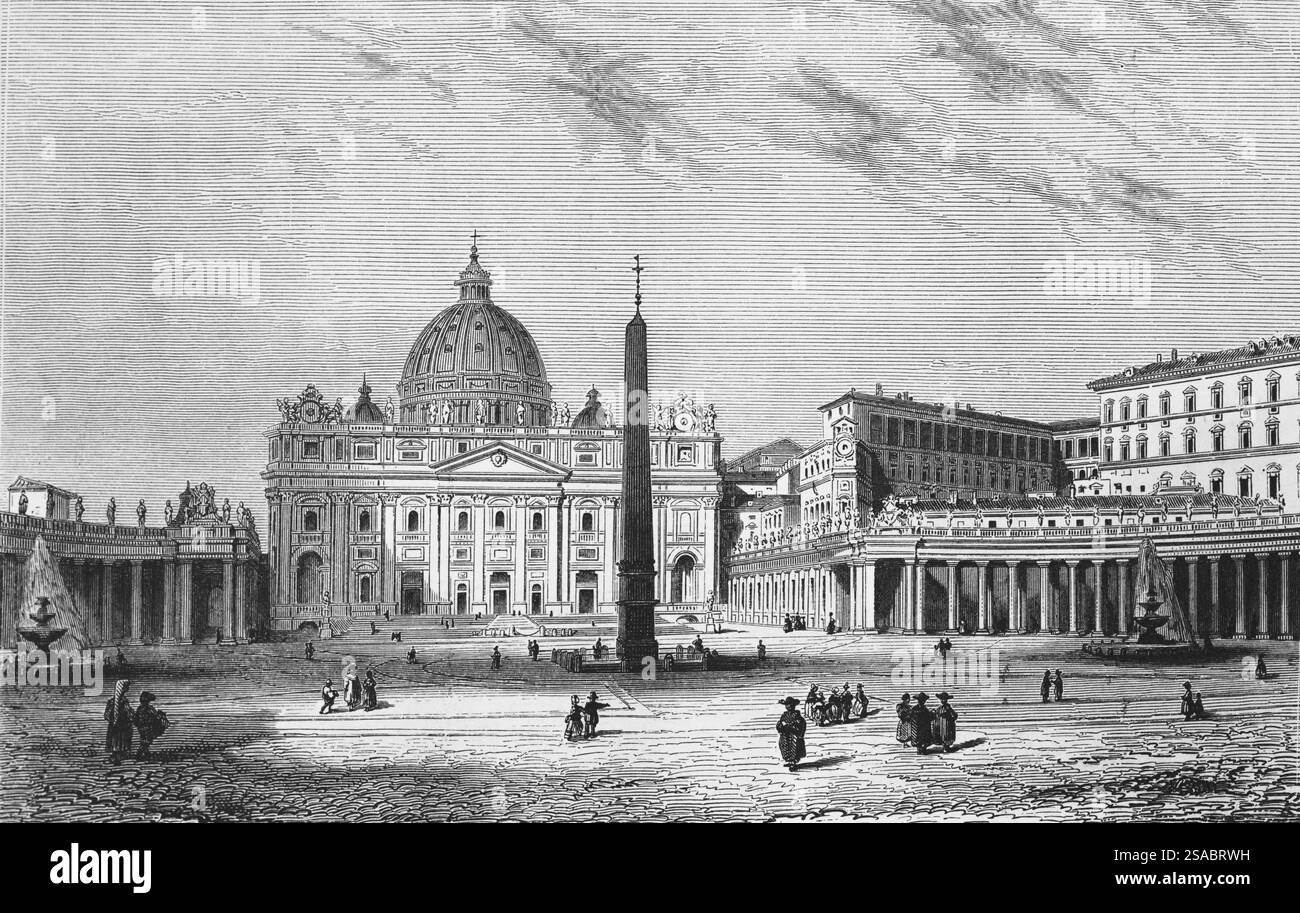 Piazza San Pietro con la Basilica di San Pietro nella città del Vaticano all'interno di Roma, clero, visitatori, colonna con croce, fontana, portico, geografia, Vatic Foto Stock