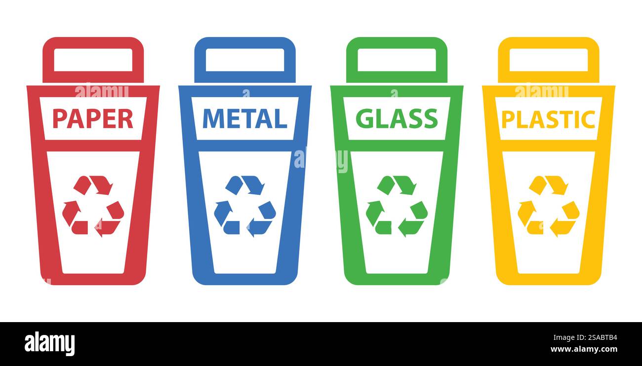Quattro contenitori di riciclaggio colorati rappresentano la separazione dei rifiuti per carta, metallo, vetro e plastica. Il design promuove pratiche ecocompatibili e sostenibilità. Illustrazione Vettoriale