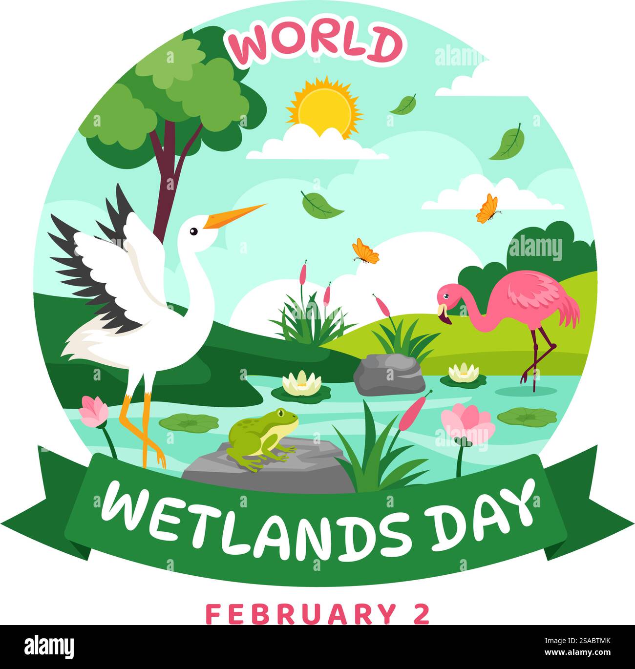 Illustrazione vettoriale del World Wetlands Day il 2 febbraio con animali cicogne e giardino sullo sfondo in Holiday Celebration Flat Cartoon Design Illustrazione Vettoriale