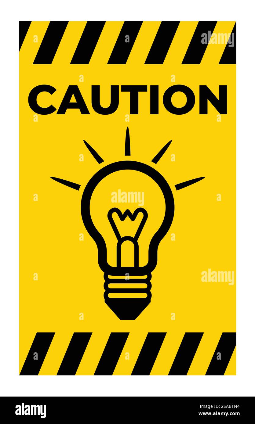 Un'etichetta di avvertenza in grassetto con un'illustrazione a lampadina su sfondo giallo. Questo design mette in risalto la sicurezza e avvisa gli spettatori dei pericoli elettrici. Illustrazione Vettoriale