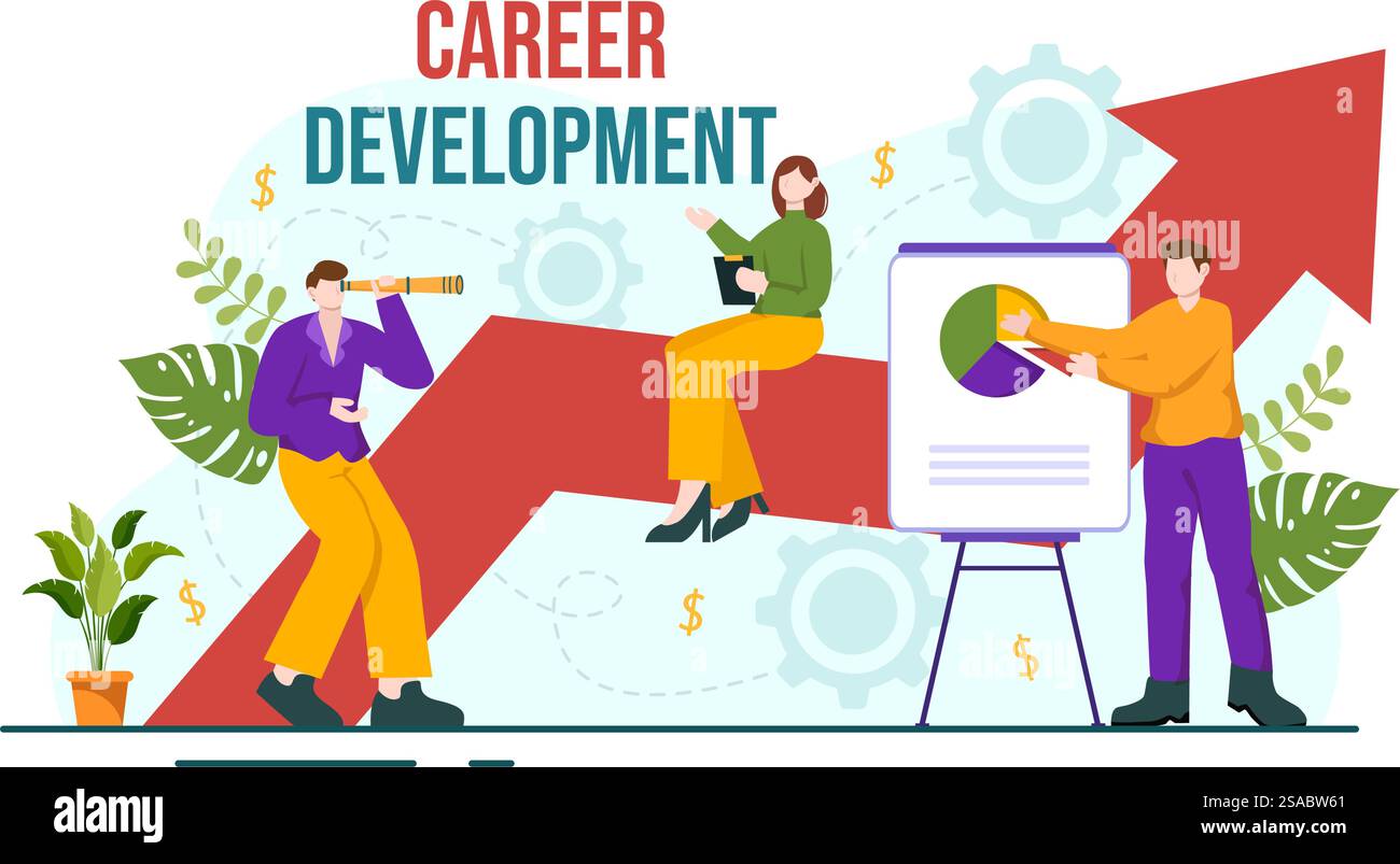 Sviluppo della carriera illustrazione vettoriale con scala al successo e aumento dei ricavi su grafico a barre migliorato in Business Goal Flat background Design Illustrazione Vettoriale