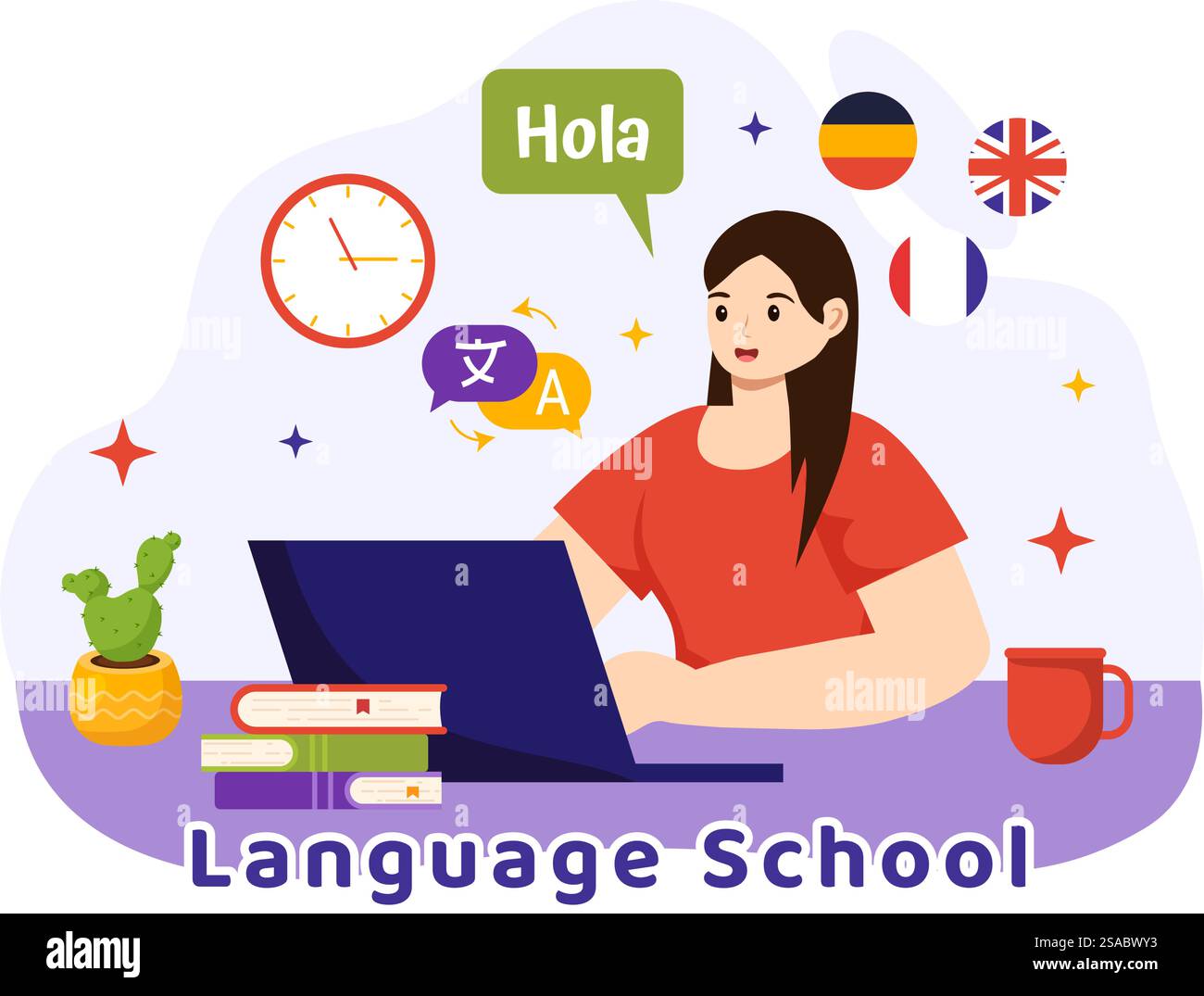 Scuola di lingue illustrazione vettoriale di apprendimento online, corsi, programma di formazione e studio delle lingue Hallo straniere all'estero in background uniforme Illustrazione Vettoriale