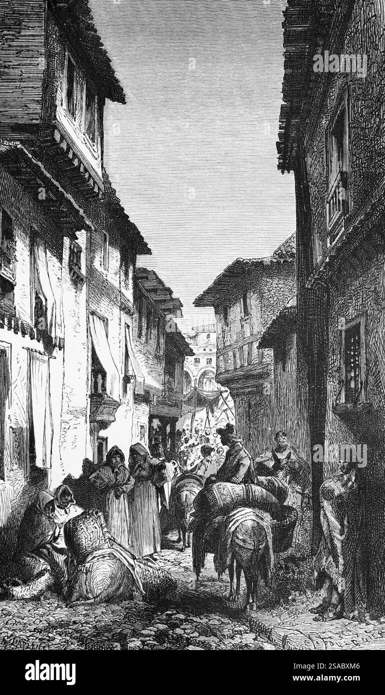 Vicolo stretto in una città spagnola, che vive in povertà, commercianti di sesso femminile, vendita, branco di asini animali, molte persone, società, geografia, Spagna, illustratore storico Foto Stock