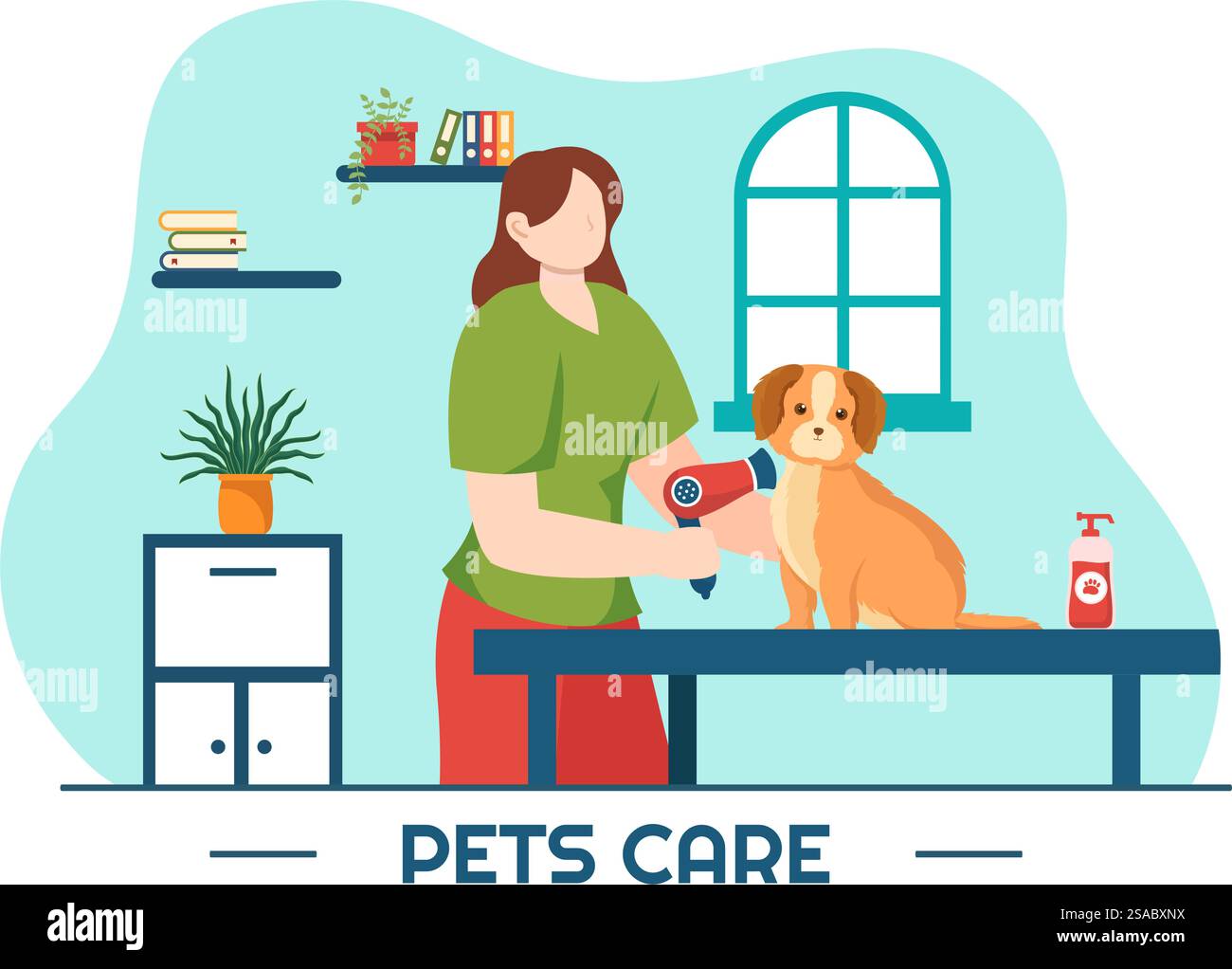 Animali domestici cura illustrazione vettoriale con ricovero per animali o clinica veterinaria per prendersi cura di cane o gatto in Healthcare disegno di sfondo di cartone animato piatto Illustrazione Vettoriale