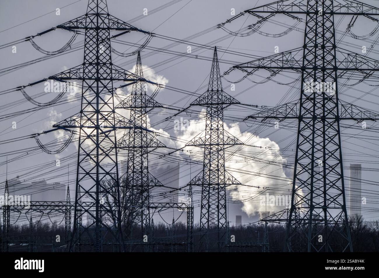 Centrale elettrica alimentata a lignite RWE Niederaussem, piloni ad alta tensione, linee elettriche, centrali elettriche, camini, torri di raffreddamento, Renania settentrionale-Vestfali Foto Stock