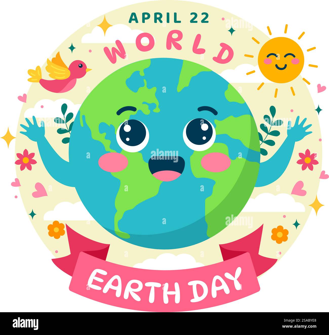 World Earth Day Vector Illustration il 22 aprile con World Map and Plants or Trees for Greening Awareness in Environment Flat Cartoon background Illustrazione Vettoriale