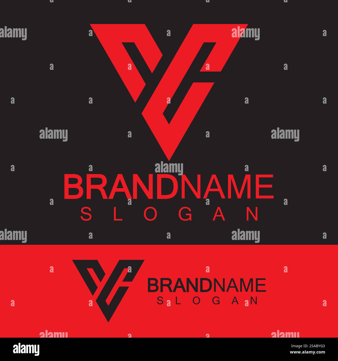 Logo creativo a lettera CV o VC monogramma a forma di triangolo invertito. Illustrazione Vettoriale