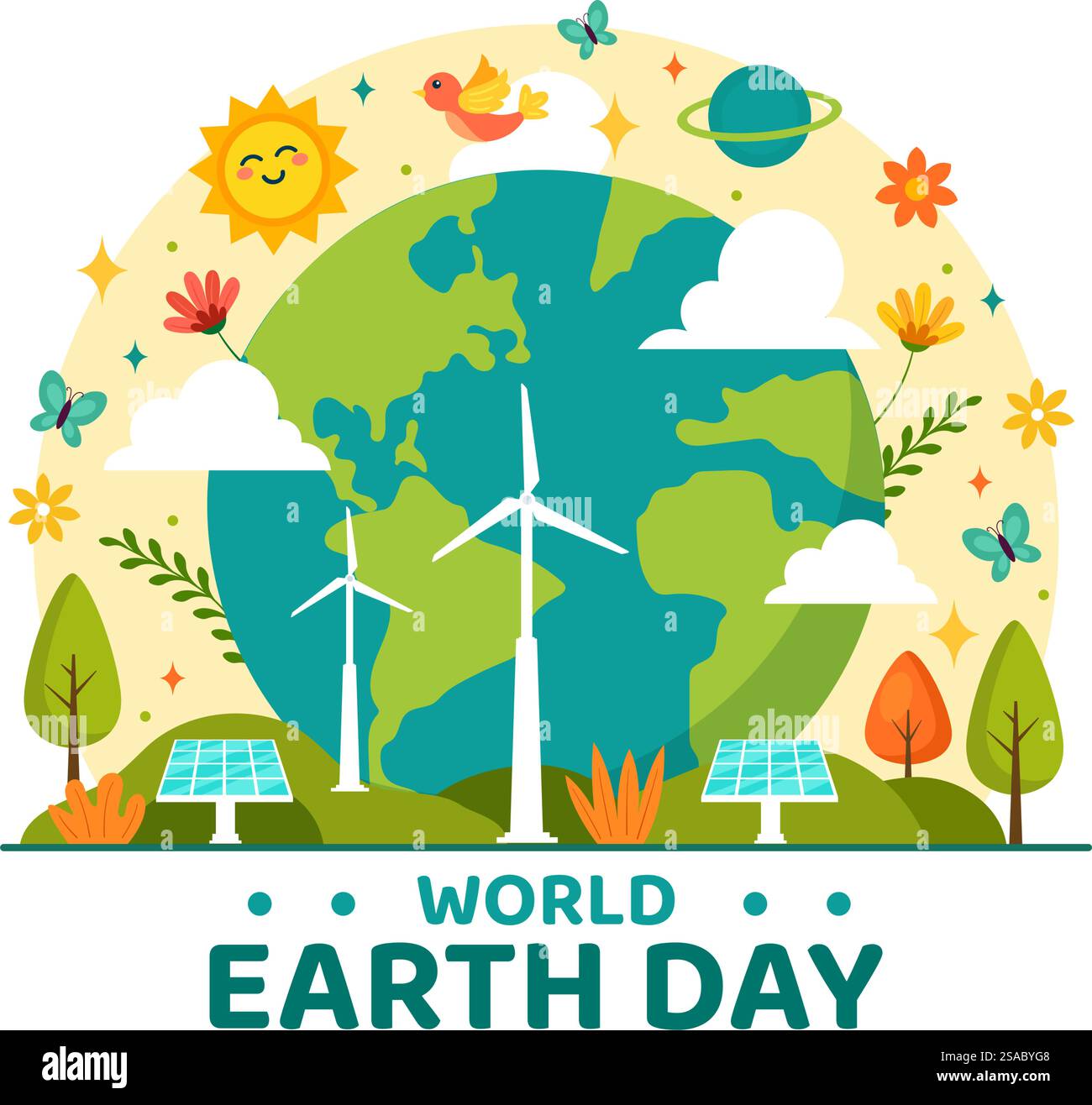 World Earth Day Vector Illustration il 22 aprile con World Map and Plants or Trees for Greening Awareness in Environment Flat Cartoon background Illustrazione Vettoriale