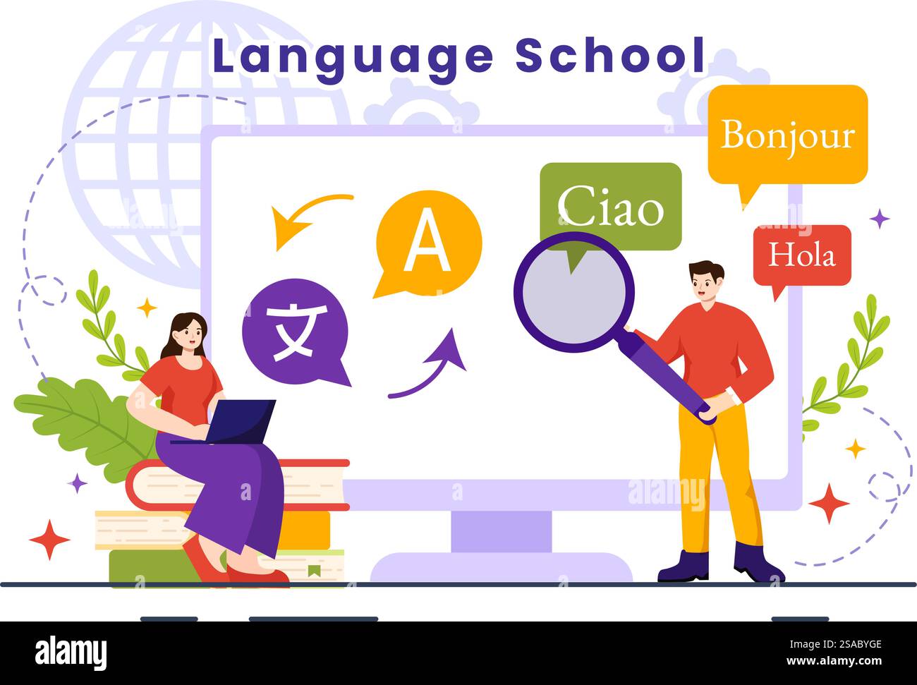 Scuola di lingue illustrazione vettoriale di apprendimento online, corsi, programma di formazione e studio delle lingue Hallo straniere all'estero in background uniforme Illustrazione Vettoriale