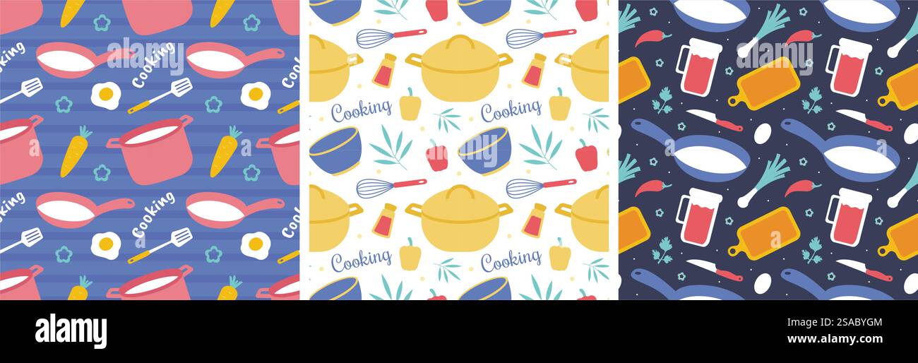 Set di illustrazione del design con pattern senza cuciture dell'attrezzatura da cucina nel modello di cartone animato piatto disegnato a mano Illustrazione Vettoriale