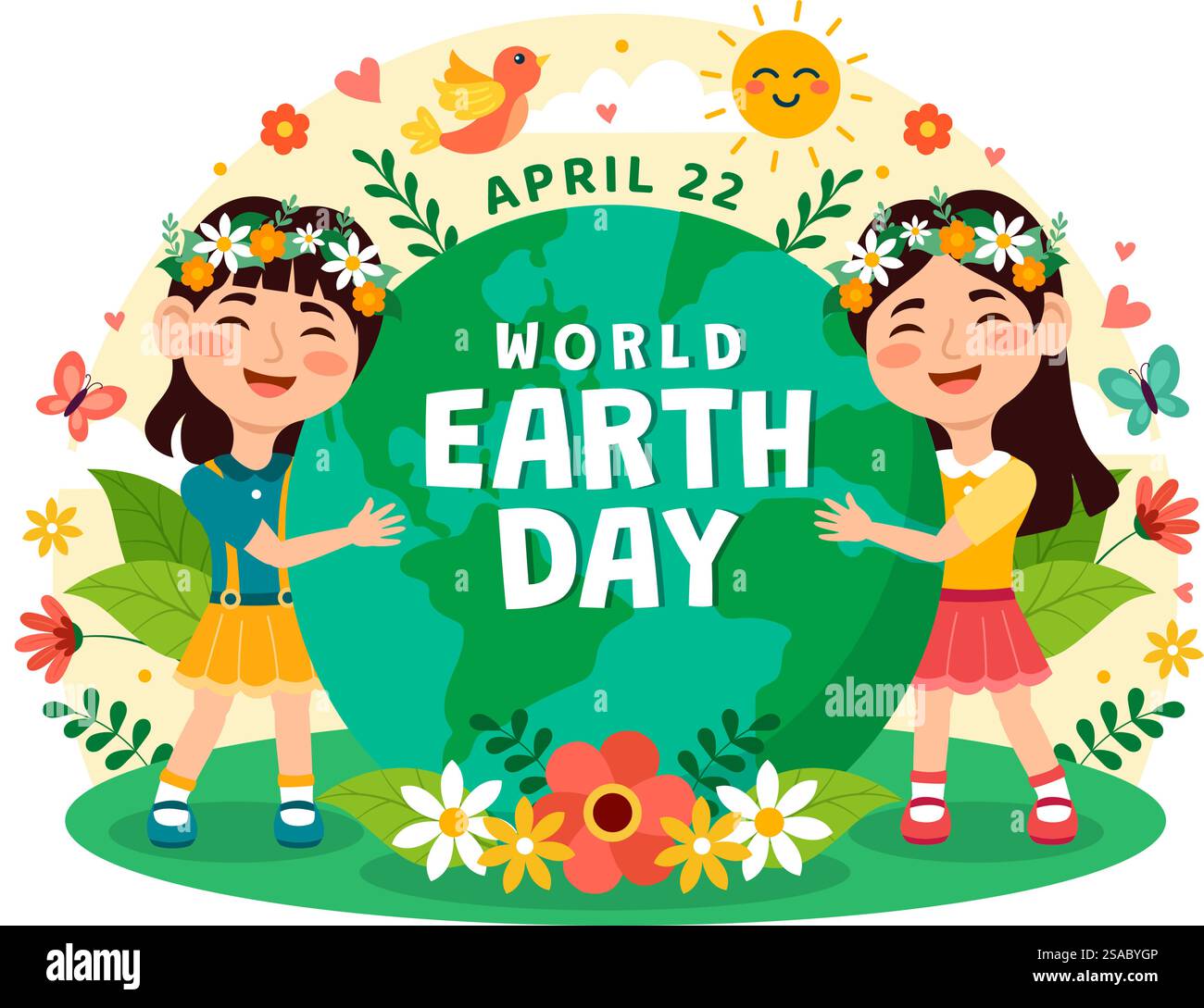 Illustrazione vettoriale della giornata Mondiale della Terra il 22 aprile con bambini, Mappa Mondiale e piante o alberi per sensibilizzare l'opinione pubblica sull'ambiente sfondo piatto del cartone animato Illustrazione Vettoriale