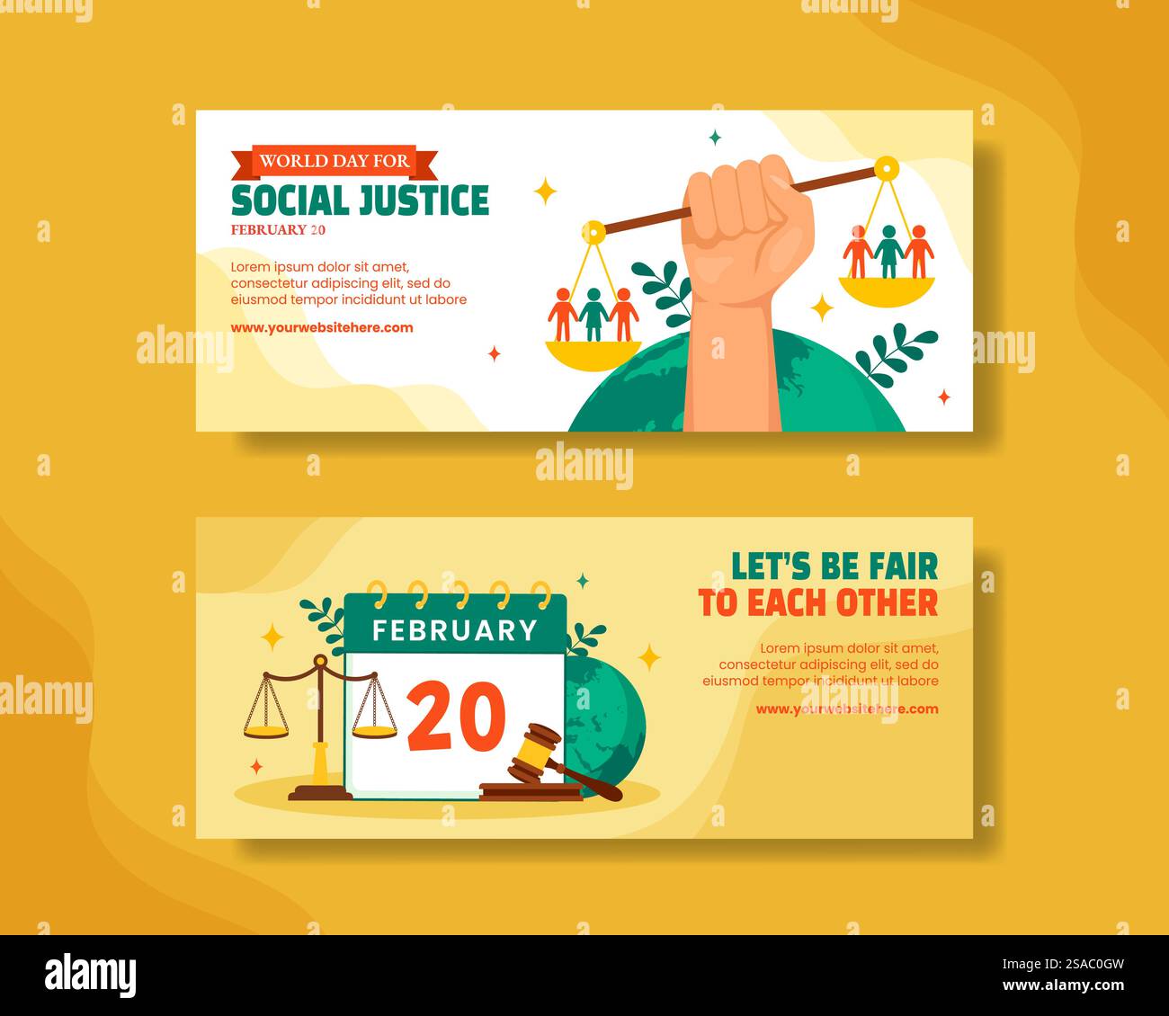 Banner orizzontale Social Justice Day cartone animato piatto modelli disegnati a mano illustrazione di sfondo Illustrazione Vettoriale