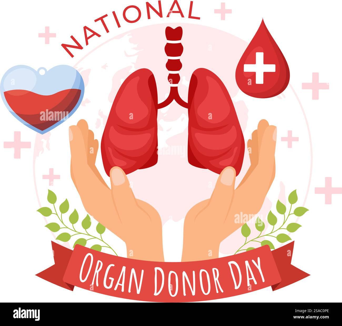 Illustrazione vettoriale della giornata nazionale del donatore di organi il 14 febbraio con reni, cuore, polmoni o fegato per trapianto e assistenza sanitaria in fondo piatto Illustrazione Vettoriale