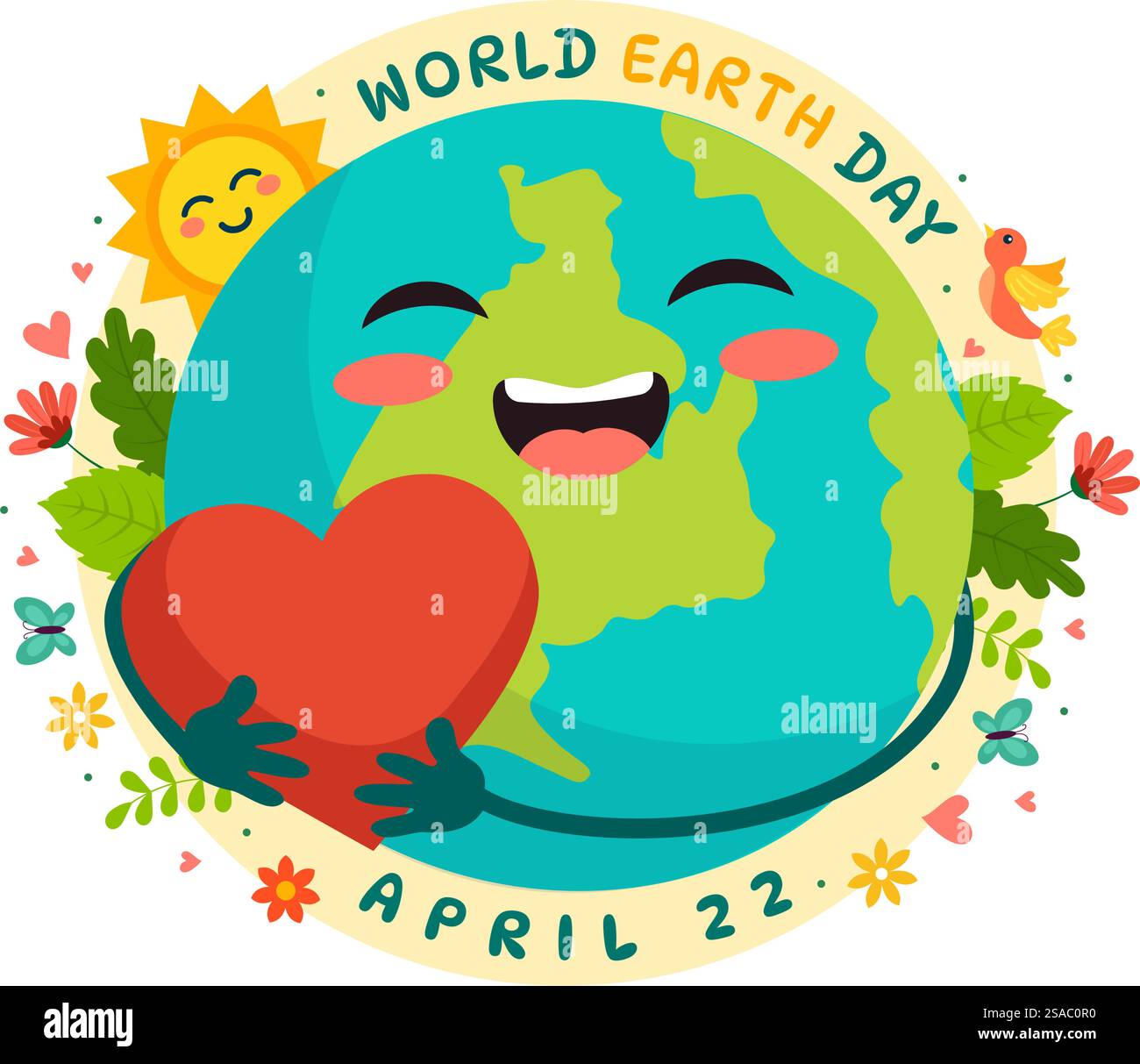 World Earth Day Vector Illustration il 22 aprile con World Map and Plants or Trees for Greening Awareness in Environment Flat Cartoon background Illustrazione Vettoriale