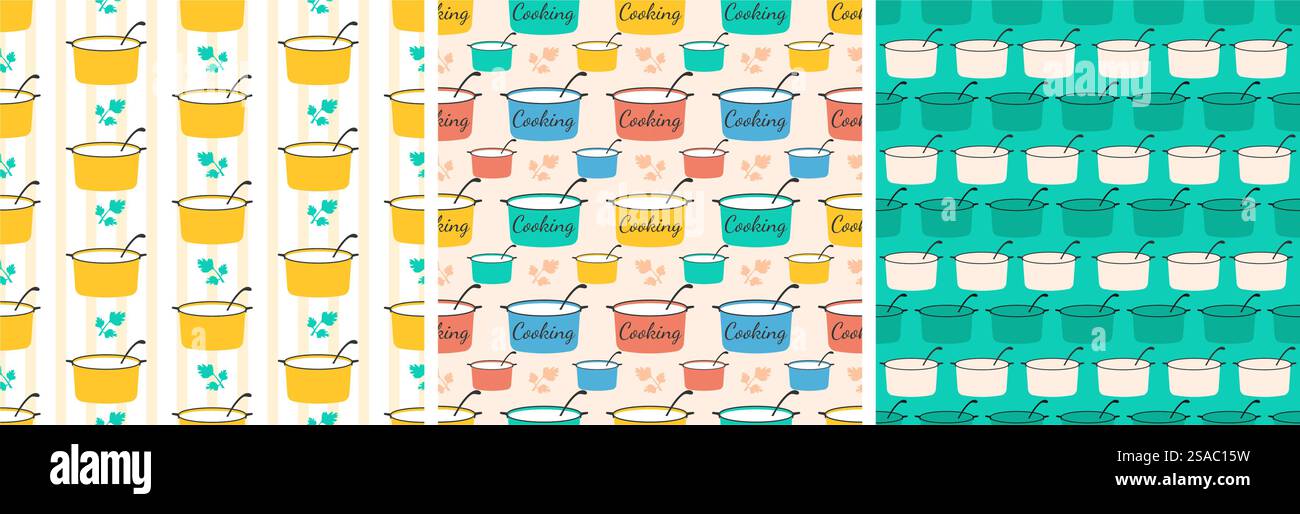 Set di illustrazione del design con pattern senza cuciture dell'attrezzatura da cucina nel modello di cartone animato piatto disegnato a mano Illustrazione Vettoriale