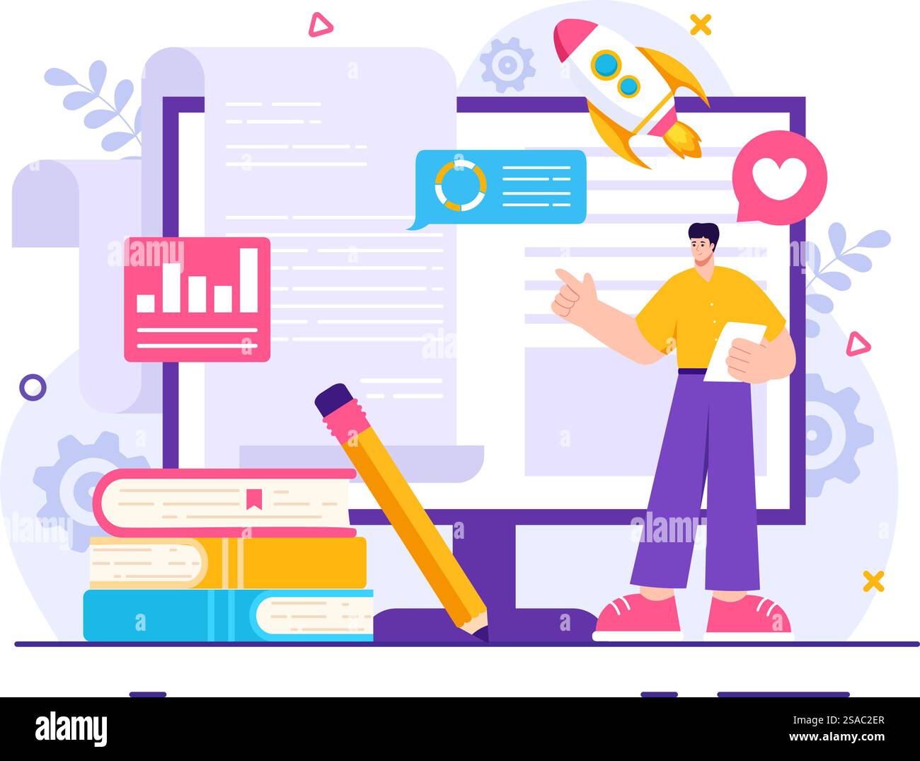 Pubblicazione digitale contenuti Blog Marketing scrittura illustrazione vettoriale per Social Media o pagina Web Organizzazione in Flat Cartoon background Design Illustrazione Vettoriale