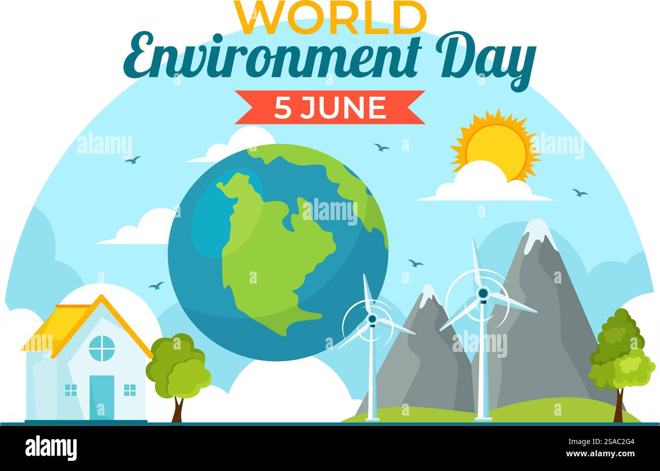 Illustrazione vettoriale della giornata mondiale dell'ambiente con l'albero verde e gli animali nella foresta per salvare il pianeta o prendersi cura della Terra in uno sfondo piatto Illustrazione Vettoriale