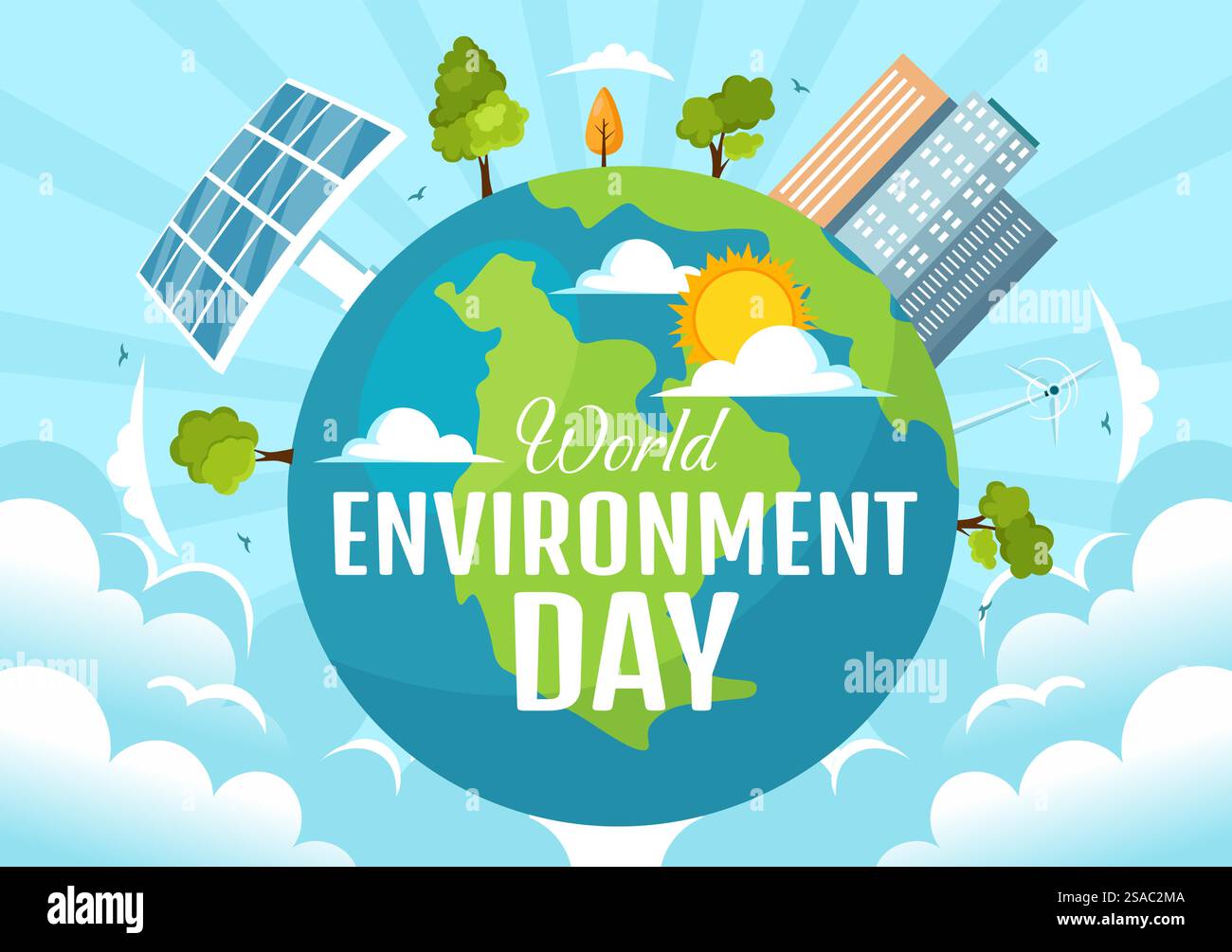 Illustrazione vettoriale della giornata mondiale dell'ambiente con l'albero verde e gli animali nella foresta per salvare il pianeta o prendersi cura della Terra in uno sfondo piatto Illustrazione Vettoriale