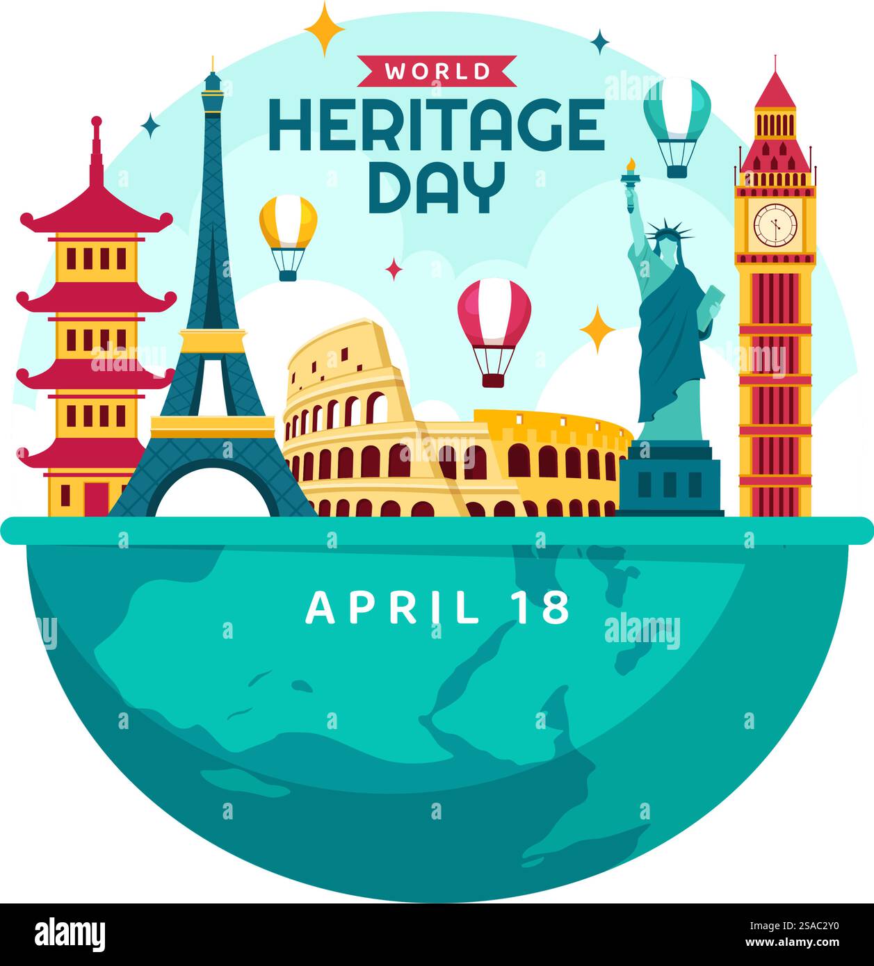 Illustrazione vettoriale della giornata del Patrimonio Mondiale il 18 aprile per i monumenti commemorativi e i siti di vari paesi su sfondo piatto Illustrazione Vettoriale