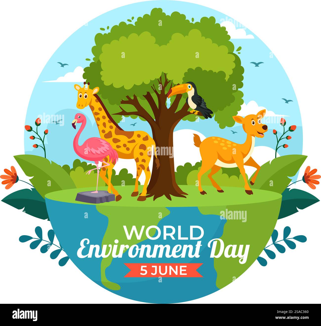 Illustrazione vettoriale della giornata mondiale dell'ambiente con l'albero verde e gli animali nella foresta per salvare il pianeta o prendersi cura della Terra in uno sfondo piatto Illustrazione Vettoriale