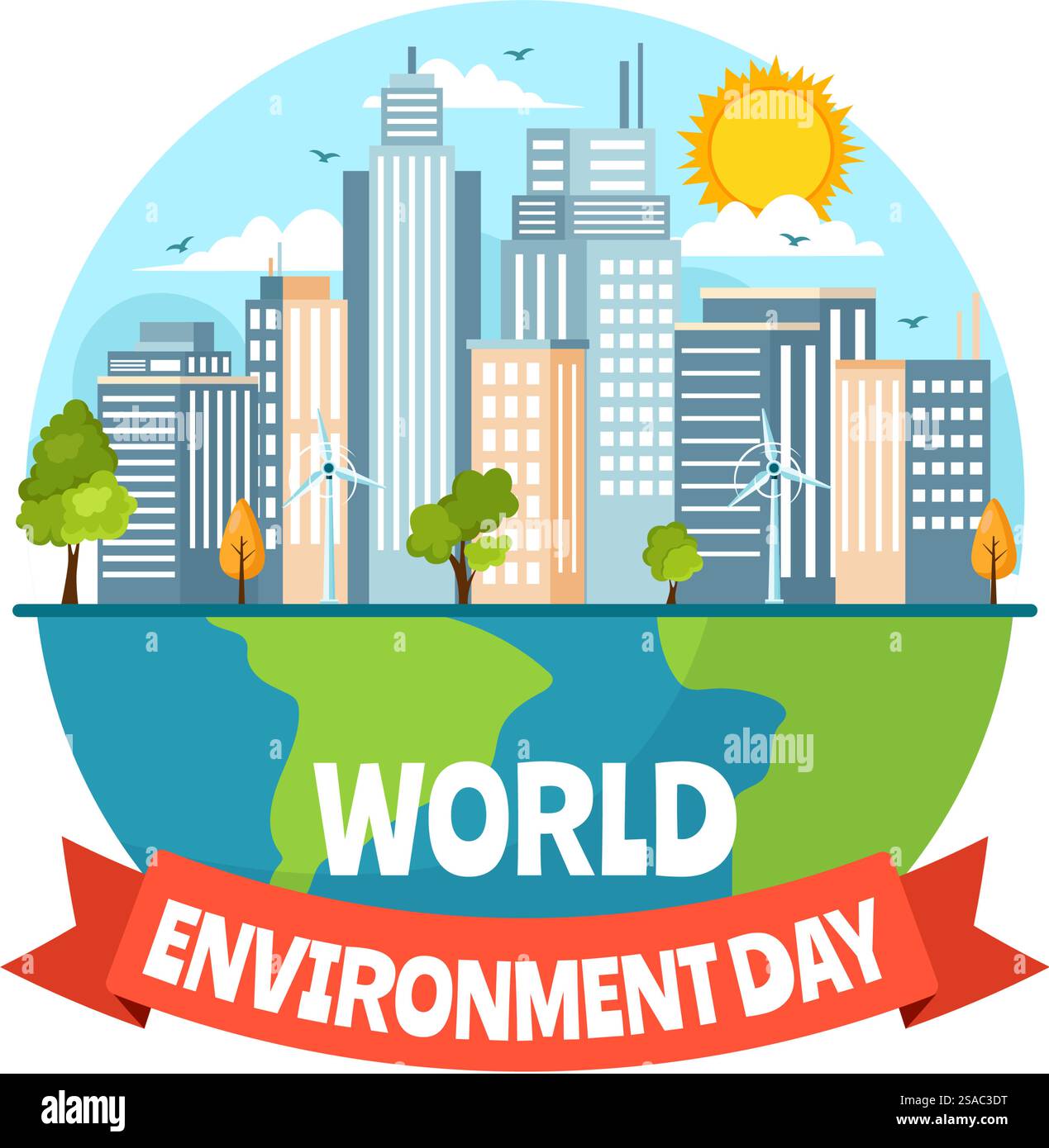 Illustrazione vettoriale della giornata mondiale dell'ambiente con l'albero verde e gli animali nella foresta per salvare il pianeta o prendersi cura della Terra in uno sfondo piatto Illustrazione Vettoriale