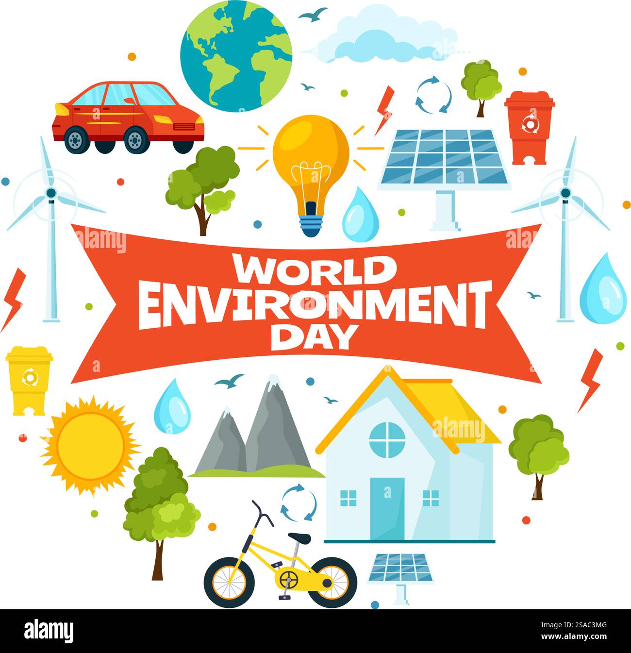Illustrazione vettoriale della giornata mondiale dell'ambiente con l'albero verde e gli animali nella foresta per salvare il pianeta o prendersi cura della Terra in uno sfondo piatto Illustrazione Vettoriale