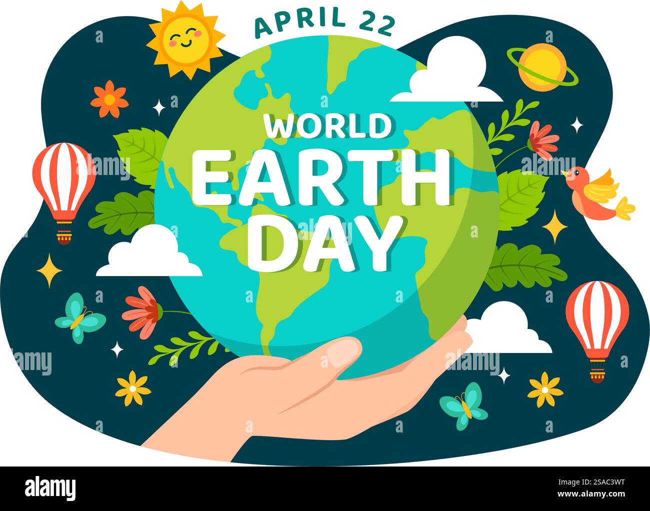 World Earth Day Vector Illustration il 22 aprile con World Map and Plants or Trees for Greening Awareness in Environment Flat Cartoon background Illustrazione Vettoriale