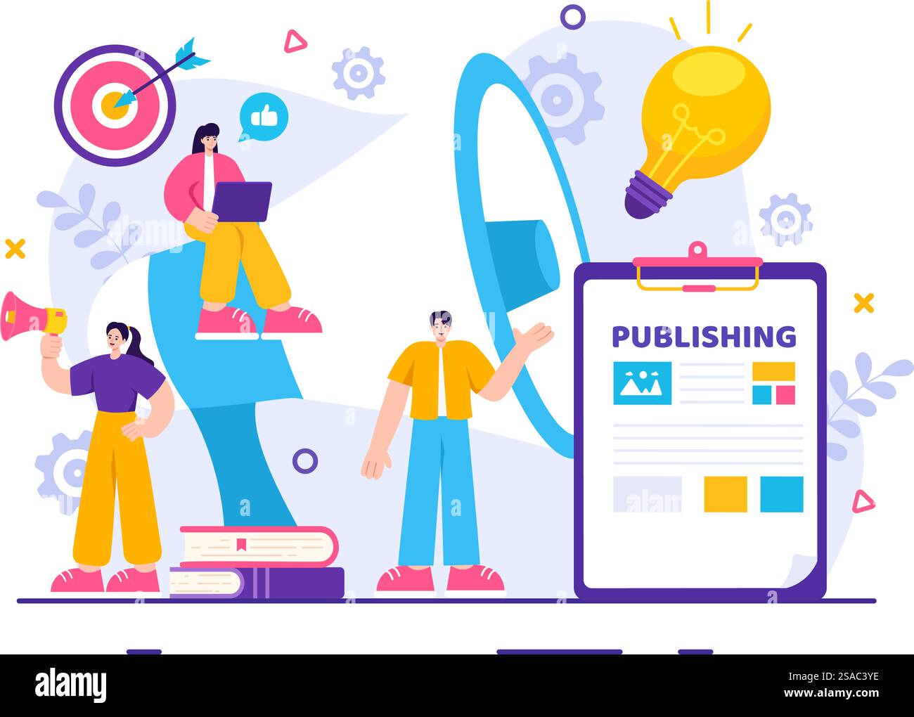 Pubblicazione digitale contenuti Blog Marketing scrittura illustrazione vettoriale per Social Media o pagina Web Organizzazione in Flat Cartoon background Design Illustrazione Vettoriale