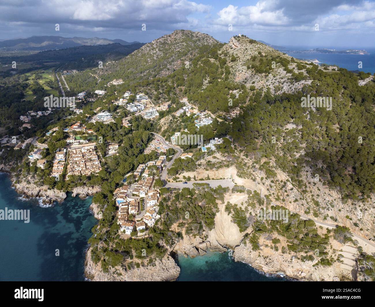 Vista aerea, Spagna, Isole Baleari, Maiorca, Capdepera, Cuevas de Arta e Platja de Canyamel, Europa Foto Stock