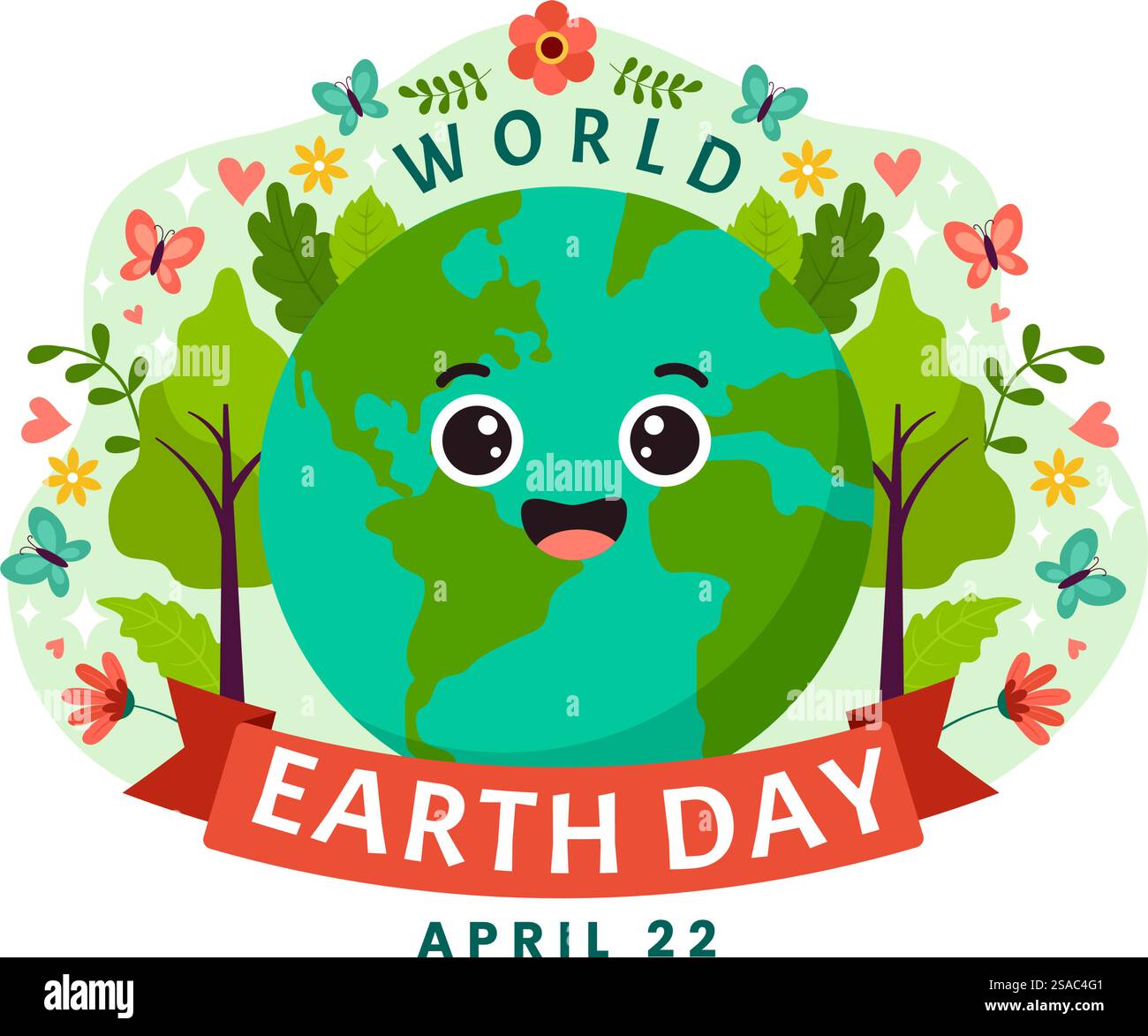 World Earth Day Vector Illustration il 22 aprile con World Map and Plants or Trees for Greening Awareness in Environment Flat Cartoon background Illustrazione Vettoriale