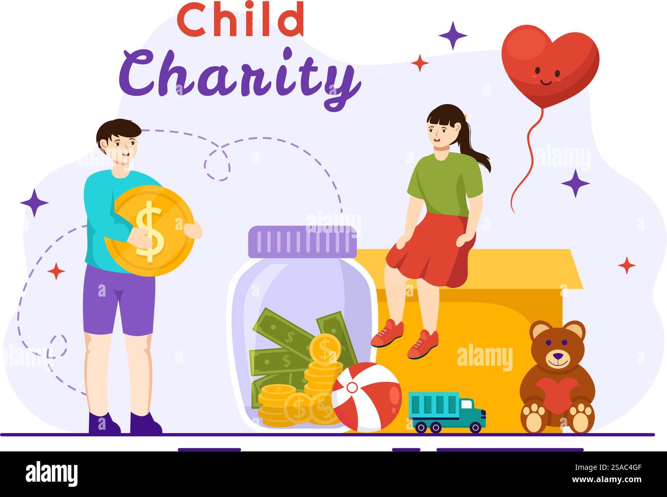 Carità infantile illustrazione vettoriale di sostegno benefico e protezione dei bambini con scatole di donazione di giocattoli, cibo e farmaci aiuti umanitari Illustrazione Vettoriale