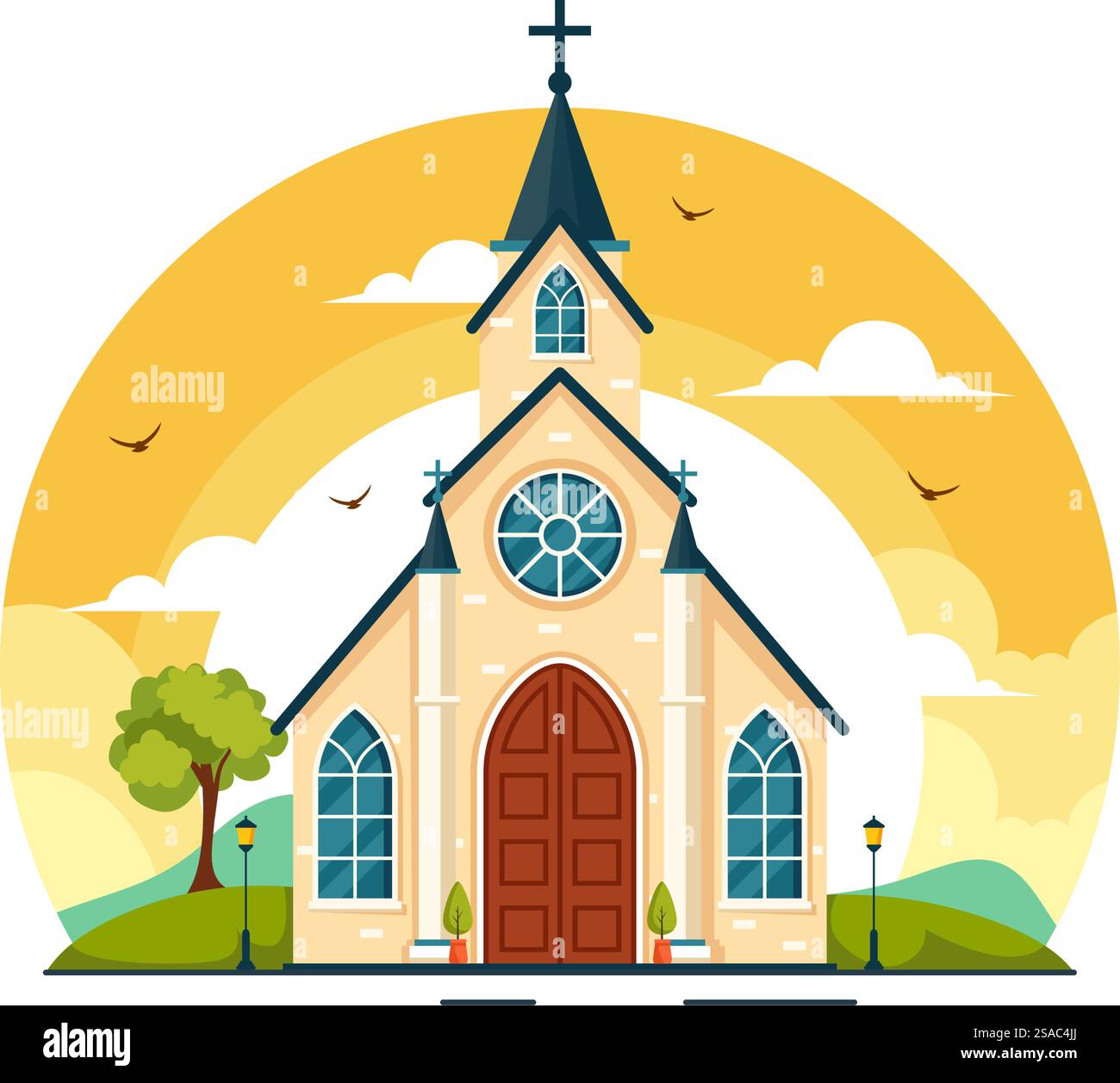 Cattedrale Chiesa cattolica edificio illustrazione vettoriale con architettura, chiese medievali e moderne Design interno in Flat Cartoon background Illustrazione Vettoriale