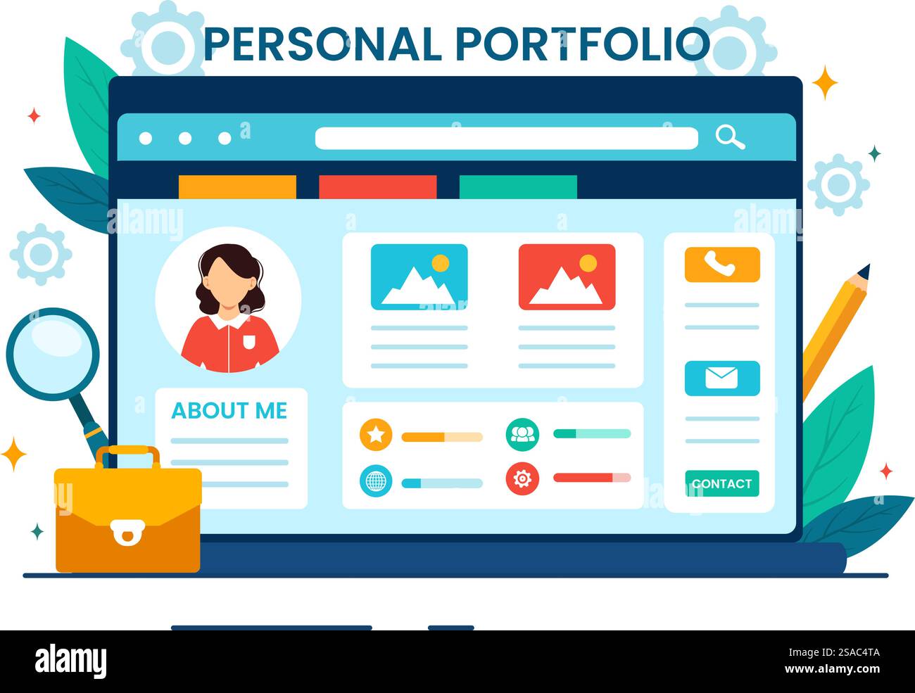 Illustrazione del vettore del portafoglio personale con dati del profilo, curriculum o auto-miglioramento per attirare clienti e datori di lavoro in background Flat Cartoon Illustrazione Vettoriale