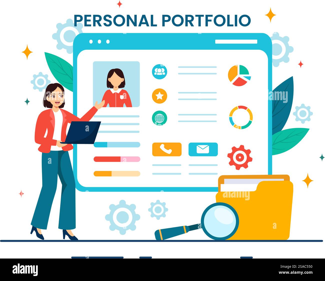 Illustrazione del vettore del portafoglio personale con dati del profilo, curriculum o auto-miglioramento per attirare clienti e datori di lavoro in background Flat Cartoon Illustrazione Vettoriale