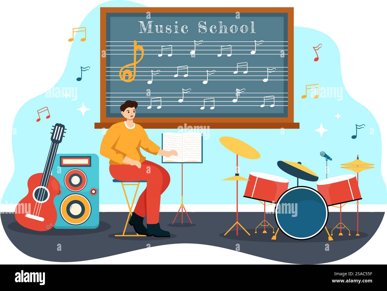 Scuola di musica illustrazione vettoriale con suonare vari strumenti musicali, formazione di musicisti e cantanti in Flat Kids Cartoon background Illustrazione Vettoriale