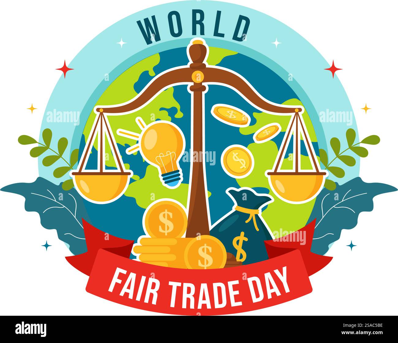 Illustrazione vettoriale della giornata mondiale del commercio l'11 maggio con monete d'oro, bilance e martello per la giustizia climatica e il pianeta economico in fondo piatto Illustrazione Vettoriale