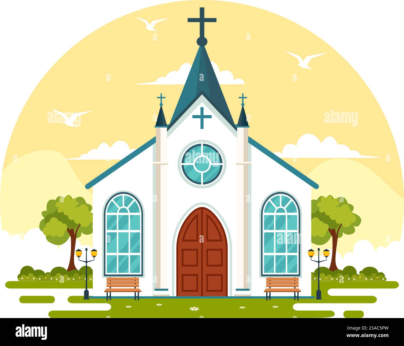 Cattedrale Chiesa cattolica edificio illustrazione vettoriale con architettura, chiese medievali e moderne Design interno in Flat Cartoon background Illustrazione Vettoriale