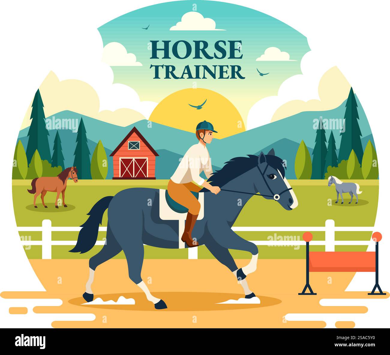 Illustrazione vettoriale dell'istruttore equestre con addestramento, lezioni di equitazione e cavalli da corsa in Flat Cartoon background Design Illustrazione Vettoriale