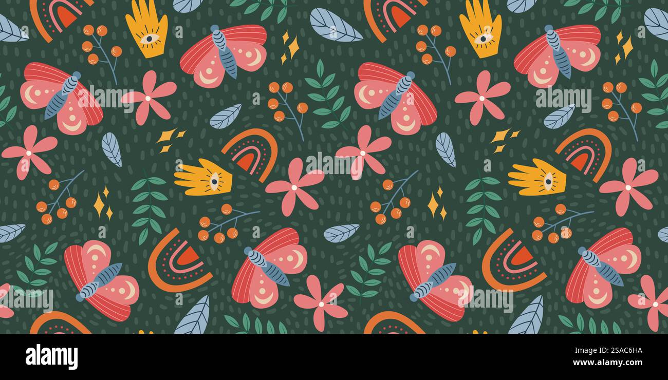 Fantasia senza cuciture a farfalla e motivo botanico con elementi mistici, colori vivaci e motivi disegnati a mano su sfondo verde scuro, perfetta per Illustrazione Vettoriale