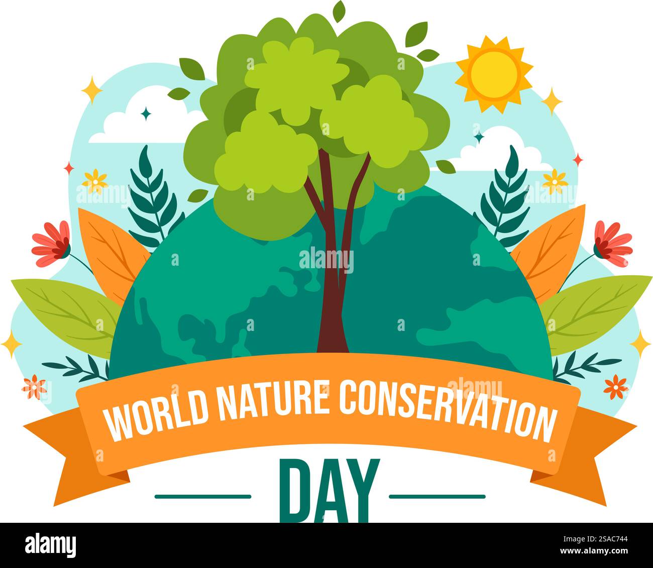 Illustrazione vettoriale della giornata mondiale della conservazione della natura con mappa mondiale, albero ed ecologia ecologica per la conservazione su sfondo piatto di cartone animato Illustrazione Vettoriale