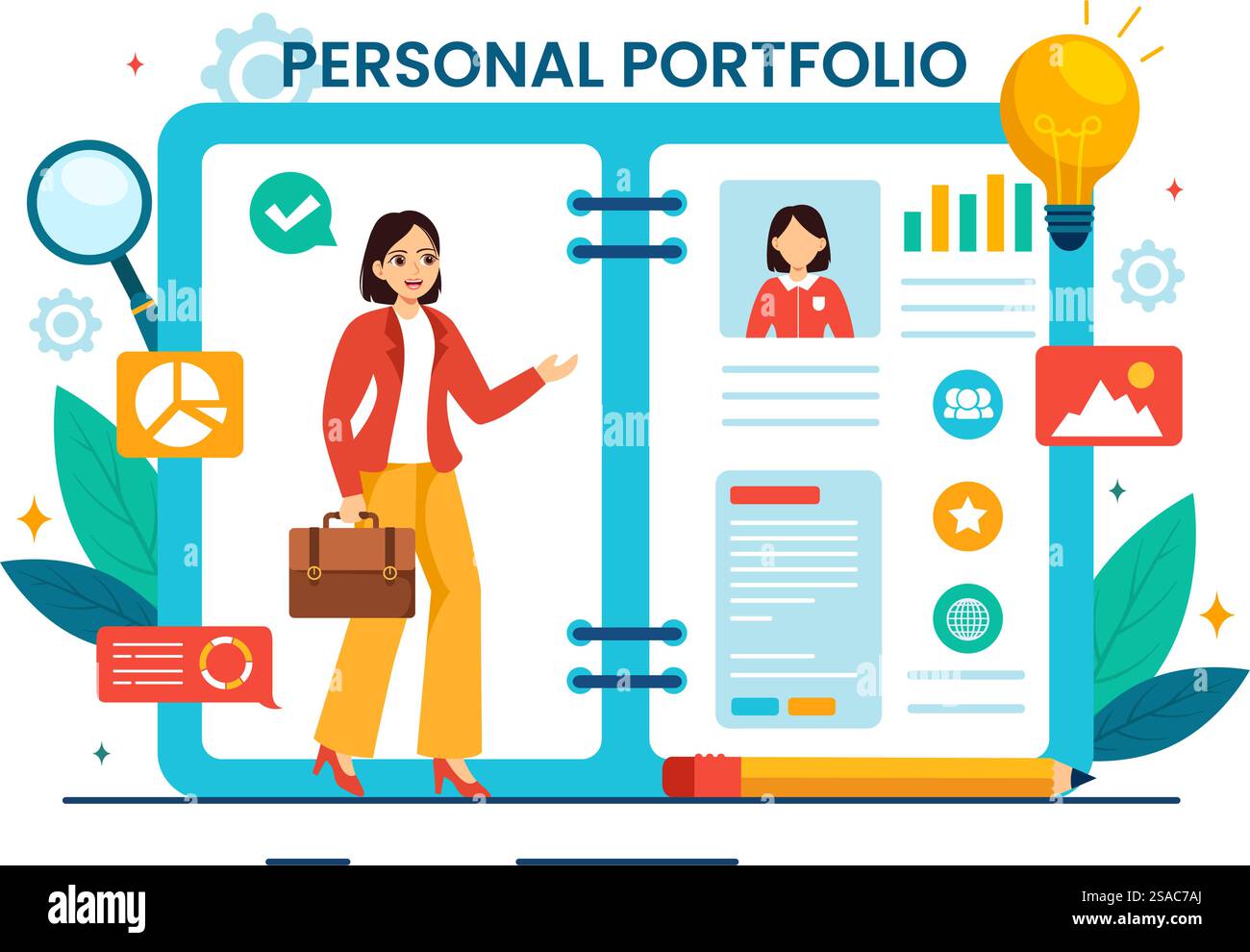 Illustrazione del vettore del portafoglio personale con dati del profilo, curriculum o auto-miglioramento per attirare clienti e datori di lavoro in background Flat Cartoon Illustrazione Vettoriale