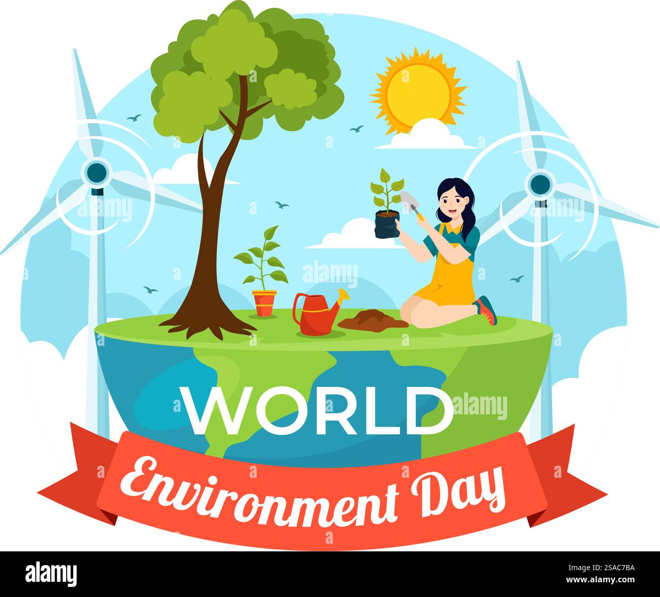 Illustrazione vettoriale della giornata mondiale dell'ambiente con l'albero verde e gli animali nella foresta per salvare il pianeta o prendersi cura della Terra in uno sfondo piatto Illustrazione Vettoriale