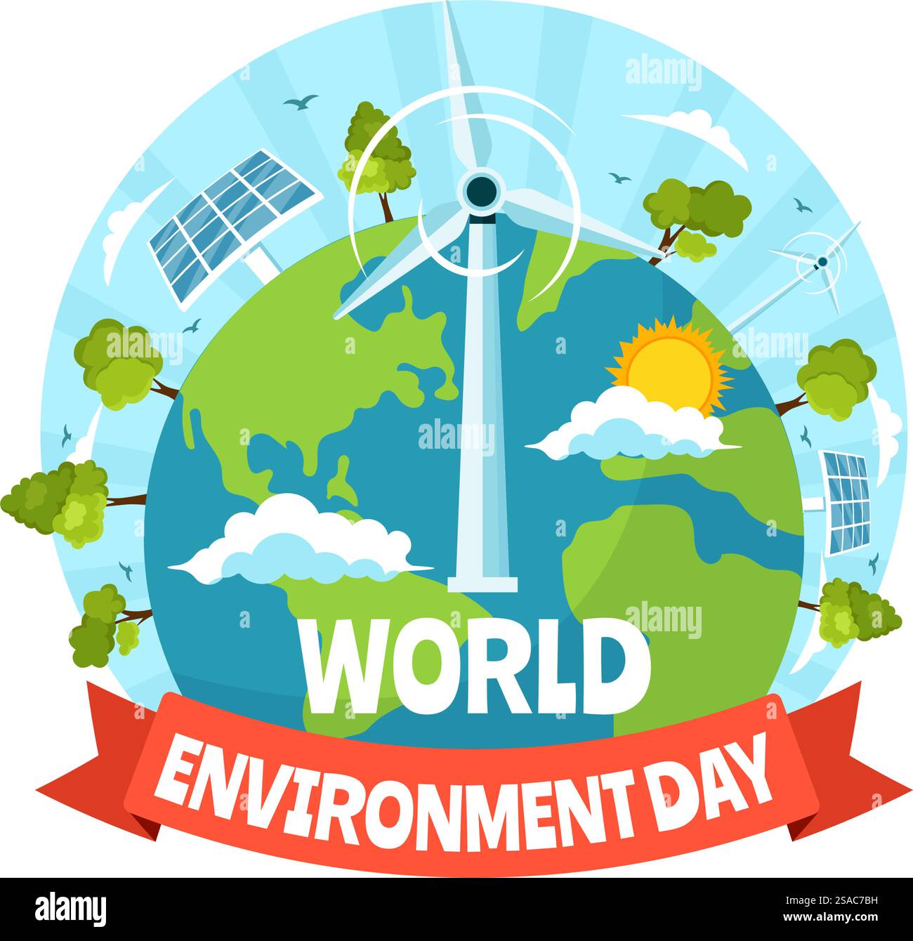 Illustrazione vettoriale della giornata mondiale dell'ambiente con l'albero verde e gli animali nella foresta per salvare il pianeta o prendersi cura della Terra in uno sfondo piatto Illustrazione Vettoriale
