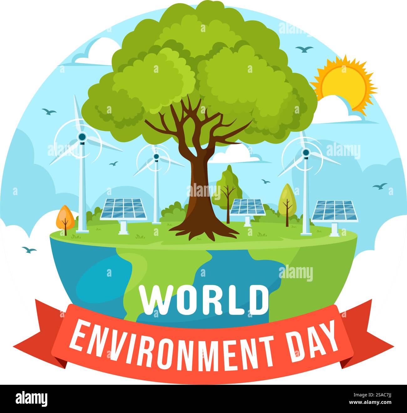 Illustrazione vettoriale della giornata mondiale dell'ambiente con l'albero verde e gli animali nella foresta per salvare il pianeta o prendersi cura della Terra in uno sfondo piatto Illustrazione Vettoriale