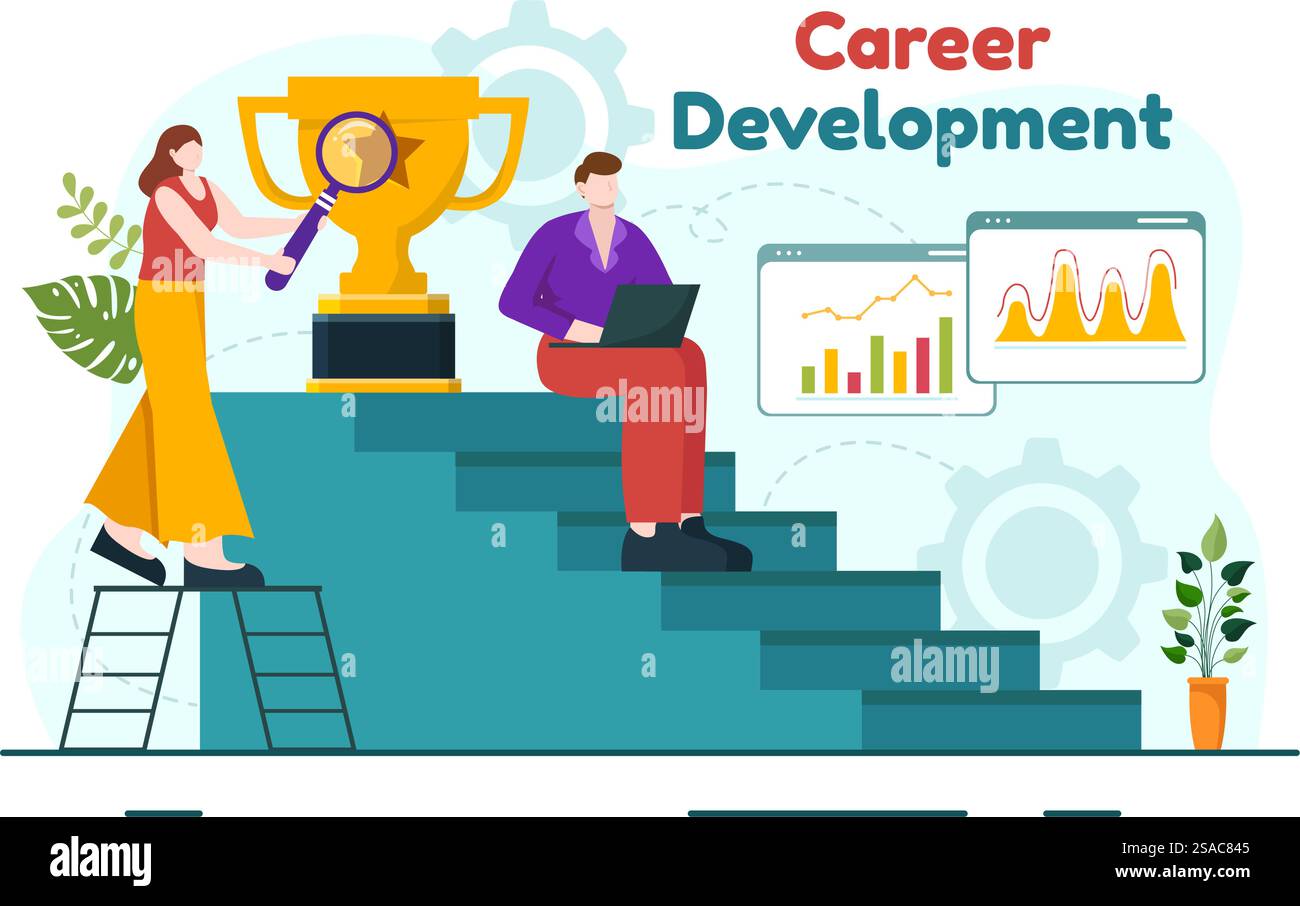 Sviluppo della carriera illustrazione vettoriale con scala al successo e aumento dei ricavi su grafico a barre migliorato in Business Goal Flat background Design Illustrazione Vettoriale