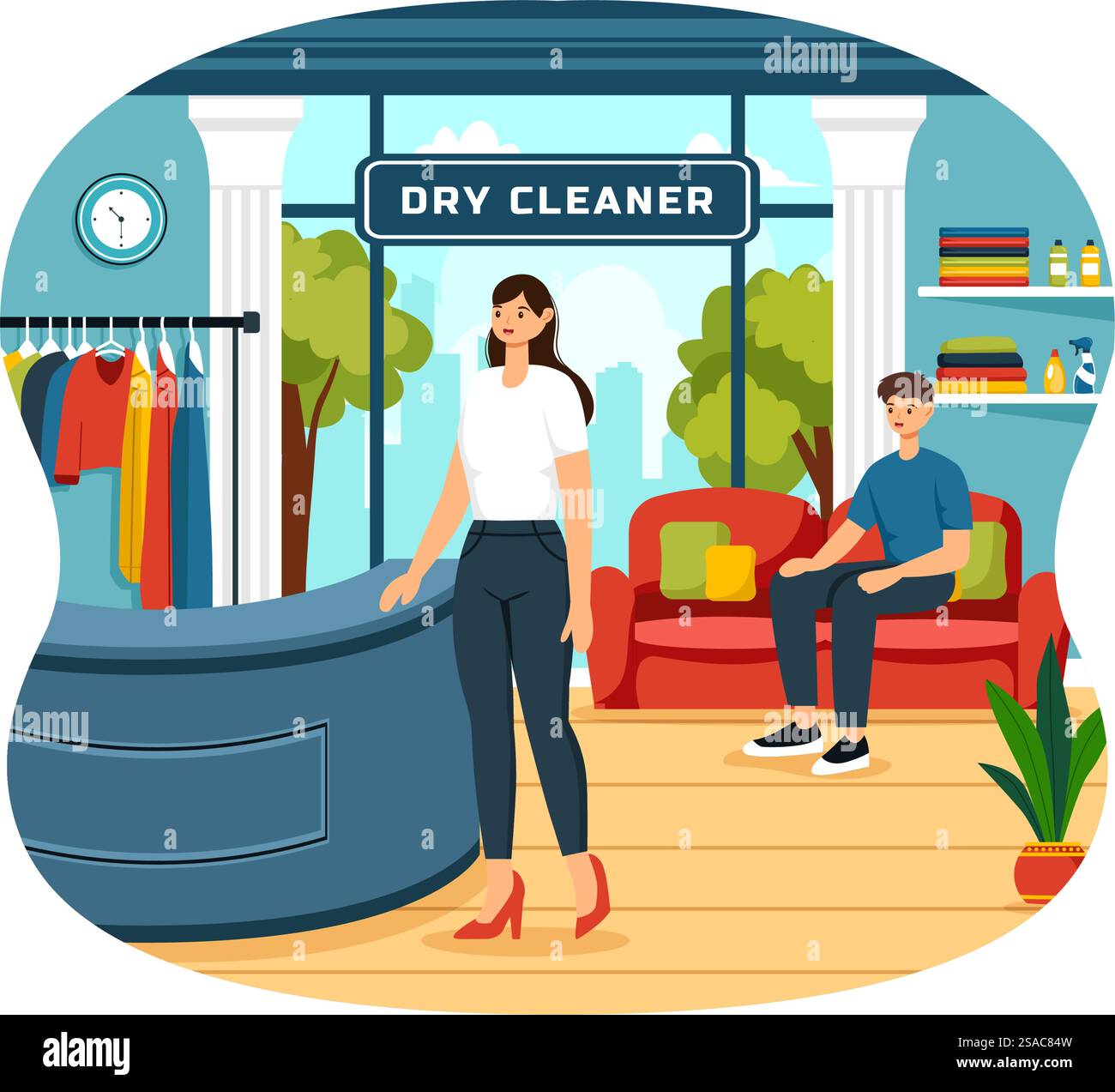 Servizio di lavaggio a secco illustrazione vettoriale con lavatrici, asciugatrici e lavanderia per abbigliamento pulito in un design di sfondo in cartone animato piatto Illustrazione Vettoriale